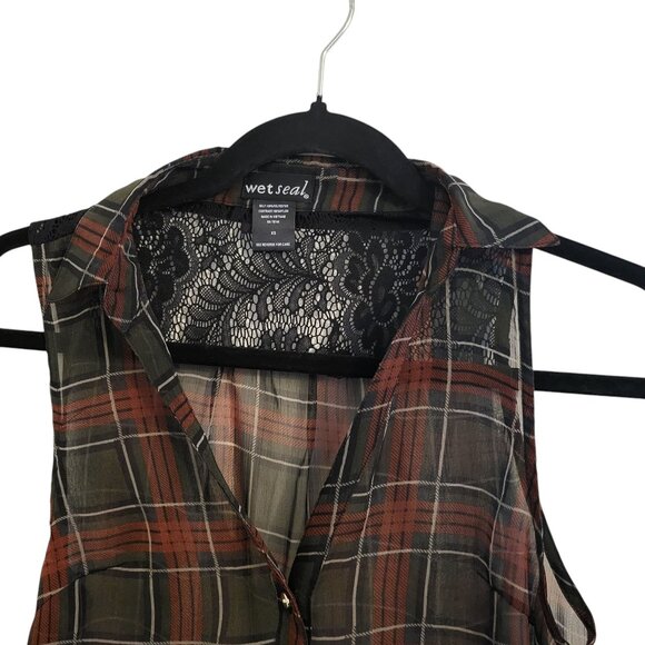 WET SEAL | Sheer Flannel Red & Green Sleeveless Blouse - Picture 5 of 9